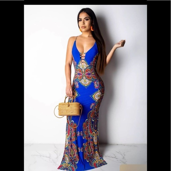 Bohemian Beach Vintage Tribal Print Slip Backless Casual Long Maxi Red LARGE - Picture 2 of 6